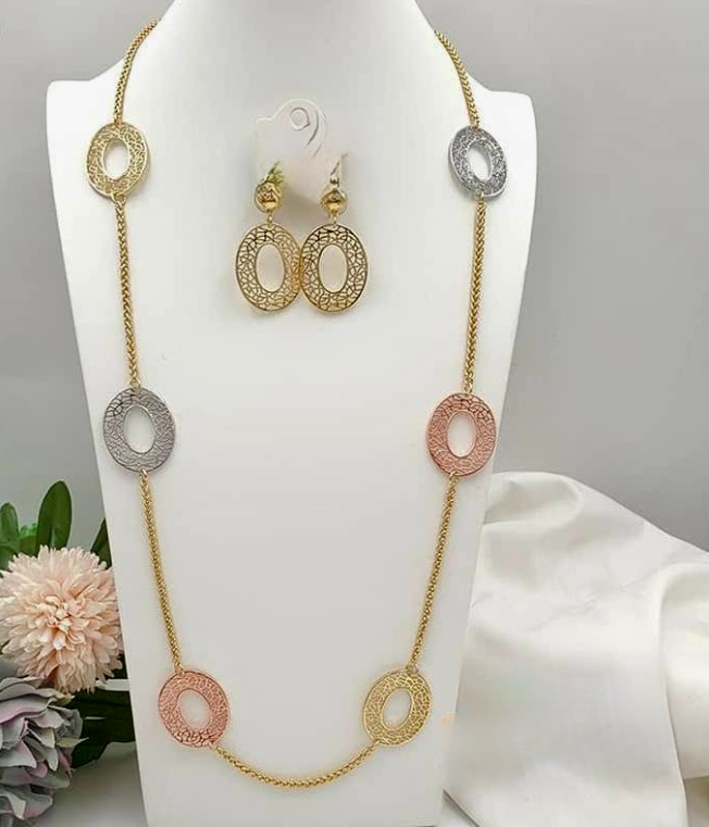 3tone long necklace with matching earrings