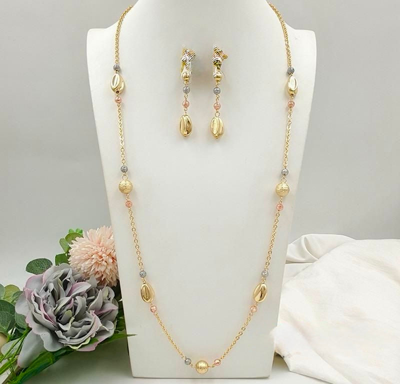 3tone long necklace with matching earrings