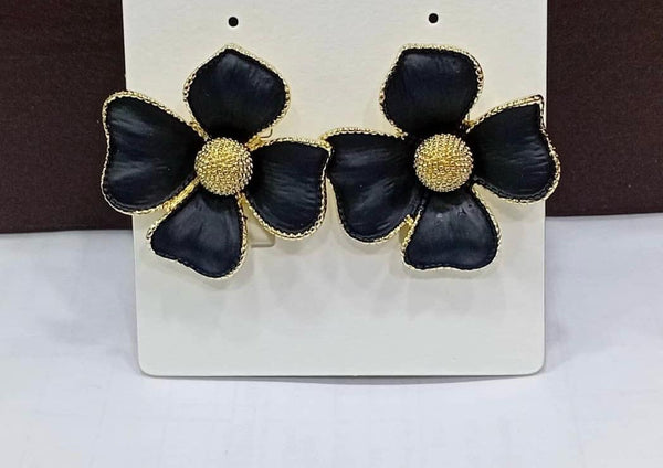 Matte Black n gold Flower-design Earrings