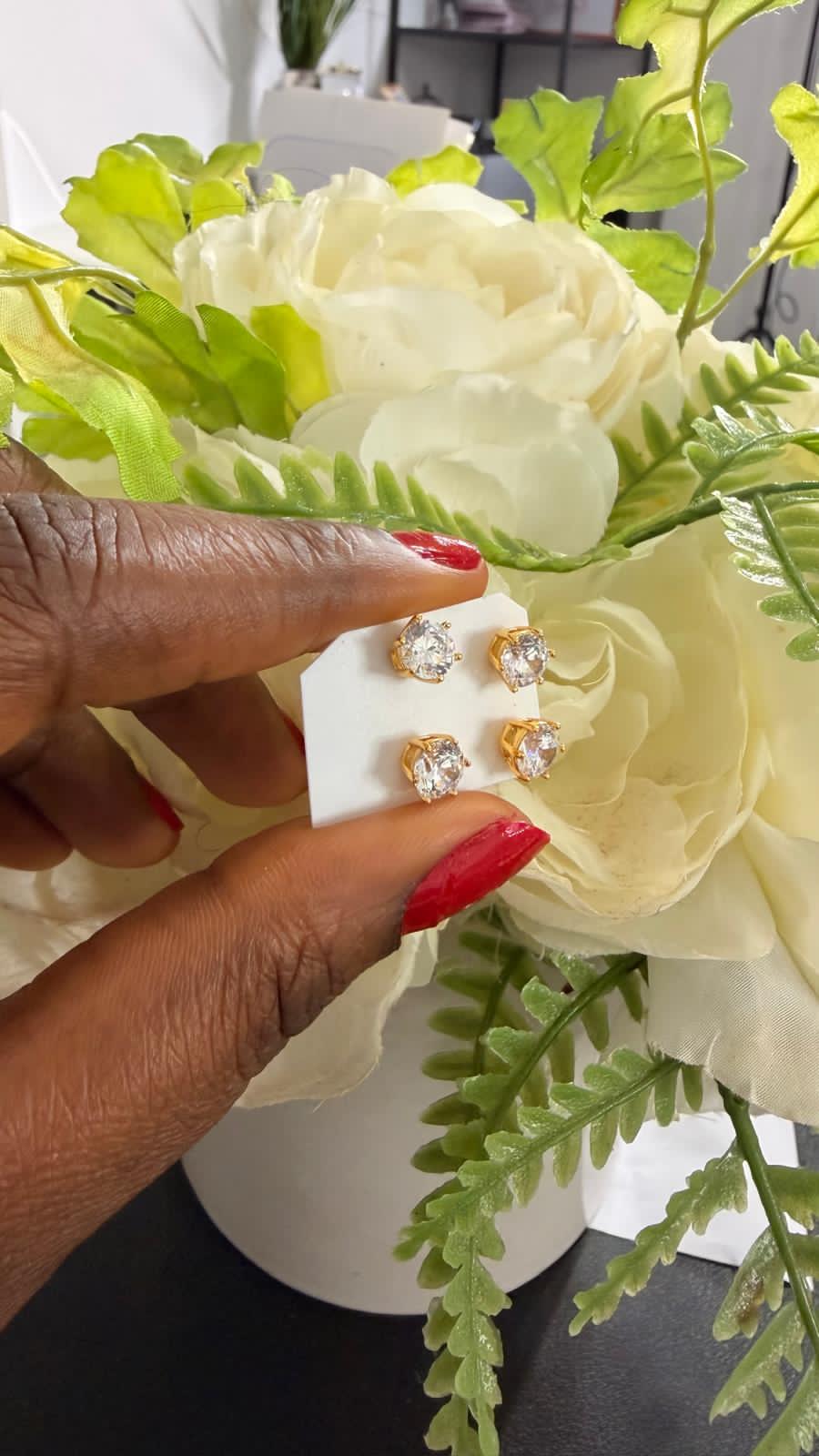 Gold Stud Earrings with Silver Stone
